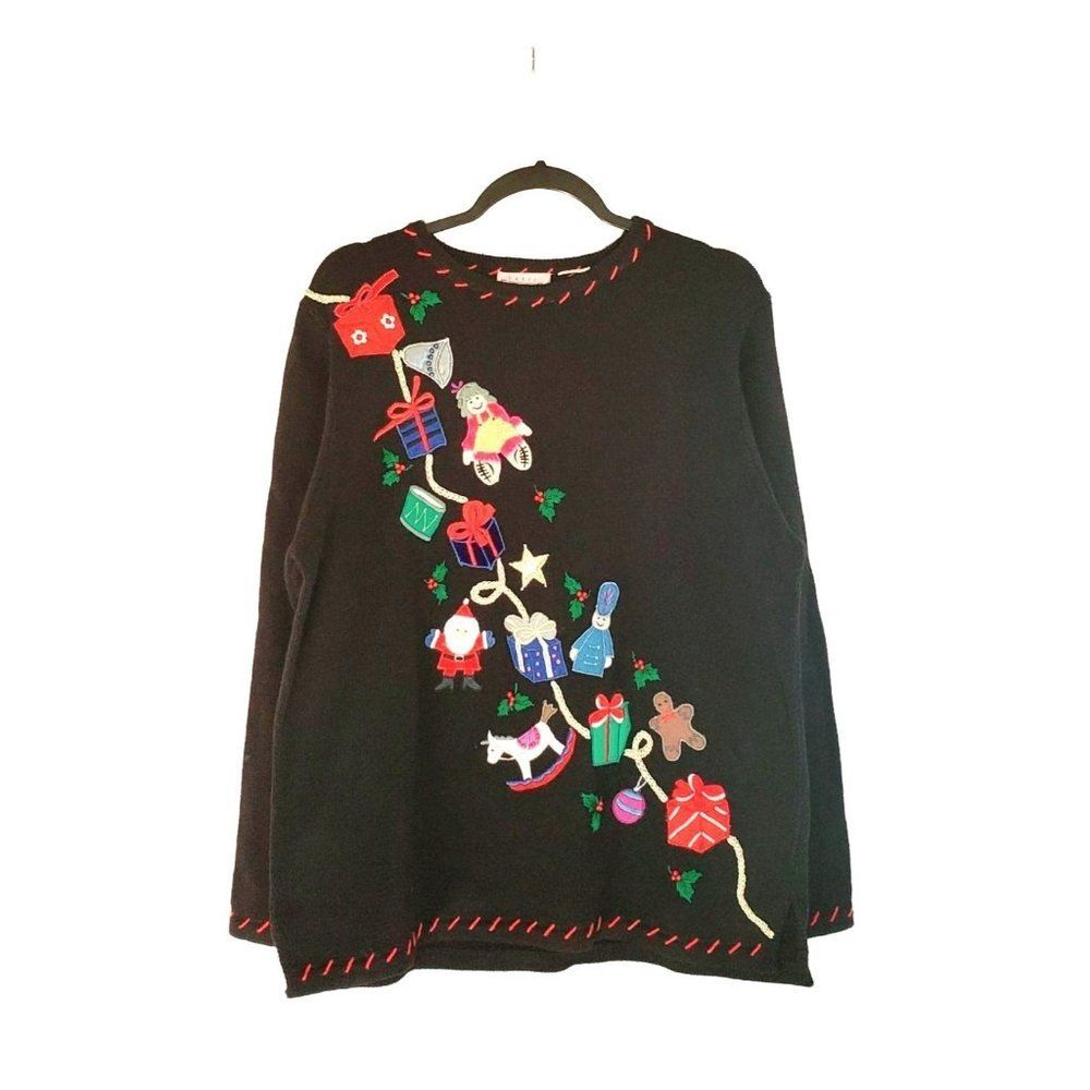 Vintage Basic Editions Womens Sweater Black XL Christmas Plus Size  Embroidered